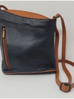 Vera Pella Leather Crossbody Bag in Navy and Tan